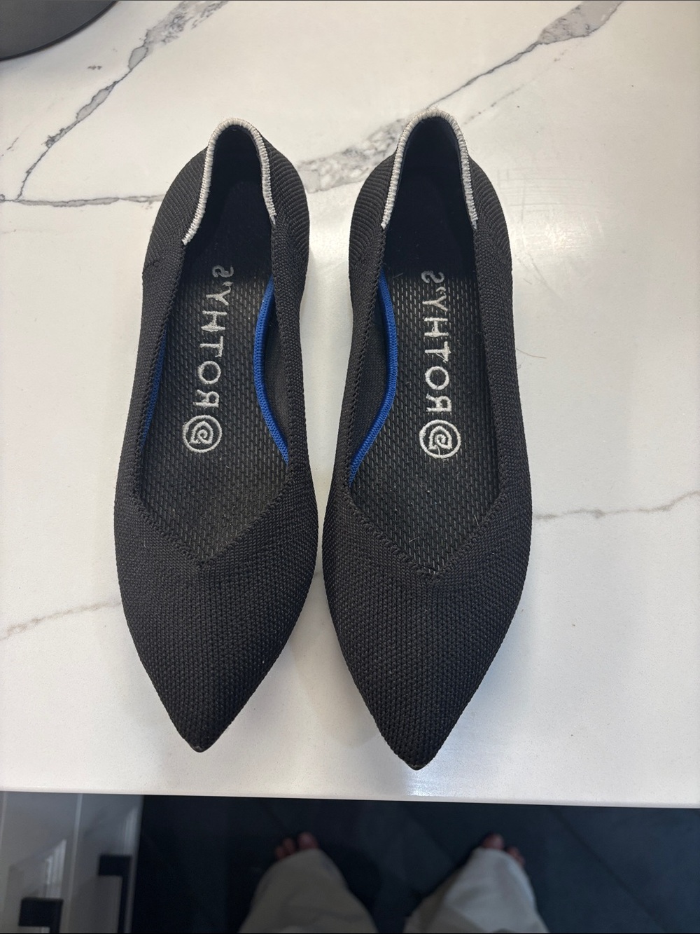 Rothy's Black Pointed Knit Flats with Silver Trim